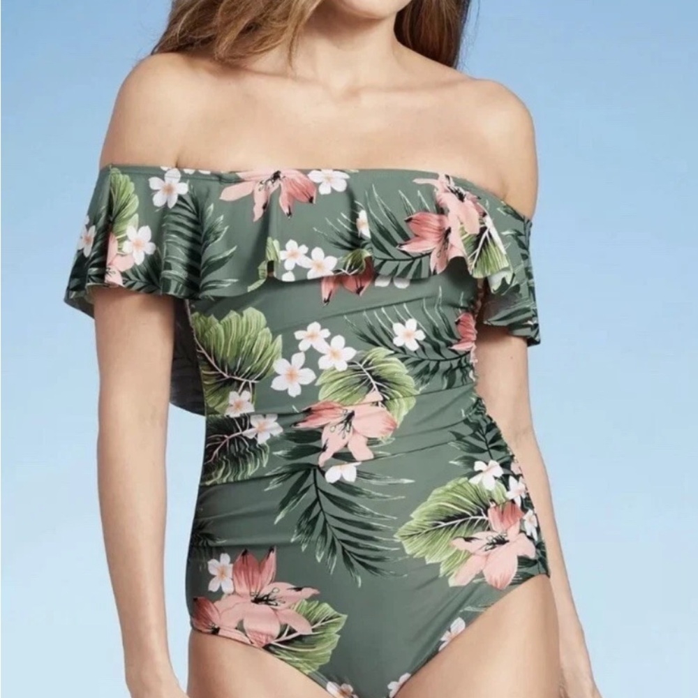 Kona Sol Green Floral One Piece Swimsuit-Size M (8-10)